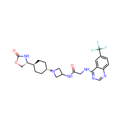 O=C(CNc1ncnc2ccc(C(F)(F)F)cc12)NC1CN([C@H]2CC[C@H]([C@@H]3COC(=O)N3)CC2)C1 ZINC000149221864