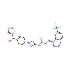 O=C(CNc1ncnc2ccc(C(F)(F)F)cc12)NC1CN([C@H]2CC[C@H]([C@H](O)c3cncs3)CC2)C1 ZINC000149221417