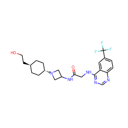 O=C(CNc1ncnc2ccc(C(F)(F)F)cc12)NC1CN([C@H]2CC[C@H](CCO)CC2)C1 ZINC000149217894