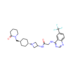 O=C(CNc1ncnc2ccc(C(F)(F)F)cc12)NC1CN([C@H]2CC[C@H](CN3CCCCC3=O)CC2)C1 ZINC000149135726