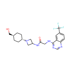 O=C(CNc1ncnc2ccc(C(F)(F)F)cc12)NC1CN([C@H]2CC[C@H](CO)CC2)C1 ZINC000149172862