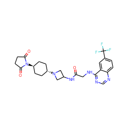 O=C(CNc1ncnc2ccc(C(F)(F)F)cc12)NC1CN([C@H]2CC[C@H](N3C(=O)CCC3=O)CC2)C1 ZINC000149180285