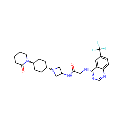 O=C(CNc1ncnc2ccc(C(F)(F)F)cc12)NC1CN([C@H]2CC[C@H](N3CCCCC3=O)CC2)C1 ZINC000149208000