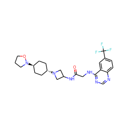 O=C(CNc1ncnc2ccc(C(F)(F)F)cc12)NC1CN([C@H]2CC[C@H](N3CCCO3)CC2)C1 ZINC000149151233