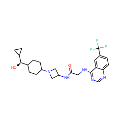 O=C(CNc1ncnc2ccc(C(F)(F)F)cc12)NC1CN(C2CCC([C@@H](O)C3CC3)CC2)C1 ZINC000149175190