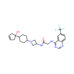 O=C(CNc1ncnc2ccc(C(F)(F)F)cc12)NC1CN(C2CCC(C3(O)CC=CC3)CC2)C1 ZINC000204638186