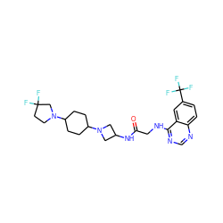 O=C(CNc1ncnc2ccc(C(F)(F)F)cc12)NC1CN(C2CCC(N3CCC(F)(F)C3)CC2)C1 ZINC000149156796