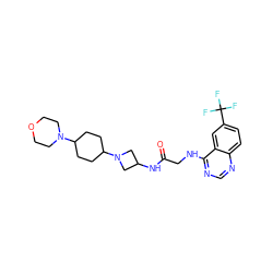 O=C(CNc1ncnc2ccc(C(F)(F)F)cc12)NC1CN(C2CCC(N3CCOCC3)CC2)C1 ZINC000149122764