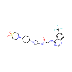 O=C(CNc1ncnc2ccc(C(F)(F)F)cc12)NC1CN(C2CCC(N3CCS(=O)(=O)CC3)CC2)C1 ZINC000149141311