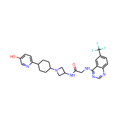 O=C(CNc1ncnc2ccc(C(F)(F)F)cc12)NC1CN(C2CCC(c3ccc(O)cn3)CC2)C1 ZINC000095595173