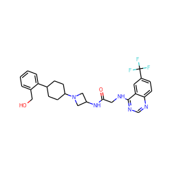 O=C(CNc1ncnc2ccc(C(F)(F)F)cc12)NC1CN(C2CCC(c3ccccc3CO)CC2)C1 ZINC000149143699