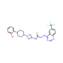 O=C(CNc1ncnc2ccc(C(F)(F)F)cc12)NC1CN(C2CCC(c3ccccc3O)CC2)C1 ZINC000095596561