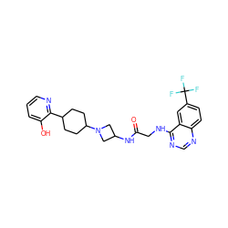 O=C(CNc1ncnc2ccc(C(F)(F)F)cc12)NC1CN(C2CCC(c3ncccc3O)CC2)C1 ZINC000149106670