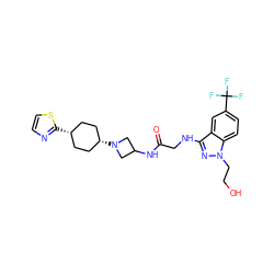 O=C(CNc1nn(CCO)c2ccc(C(F)(F)F)cc12)NC1CN([C@H]2CC[C@@H](c3nccs3)CC2)C1 ZINC000261176621