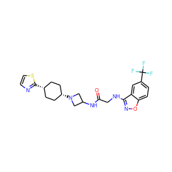 O=C(CNc1noc2ccc(C(F)(F)F)cc12)NC1CN([C@H]2CC[C@@H](c3nccs3)CC2)C1 ZINC000253803507