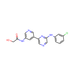 O=C(CO)Nc1cncc(-c2cncc(Nc3cccc(Cl)c3)n2)c1 ZINC000013648376