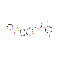 O=C(COC(=O)c1cc(Br)ccc1O)Nc1cc(S(=O)(=O)N2CCCC2)ccc1Cl ZINC000012555393