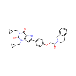 O=C(COc1ccc(-c2cc3c([nH]2)c(=O)n(CC2CC2)c(=O)n3CC2CC2)cc1)N1CCc2ccccc2C1 ZINC000029057242