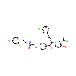 O=C(COc1ccc(-c2oc3cc(O)c(C(=O)O)cc3c2C#Cc2cccc(Cl)c2)cc1)NCCc1ccc(Cl)cc1Cl ZINC000096272269