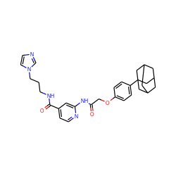 O=C(COc1ccc(C23CC4CC(CC(C4)C2)C3)cc1)Nc1cc(C(=O)NCCCn2ccnc2)ccn1 ZINC000028954713