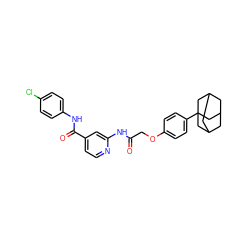 O=C(COc1ccc(C23CC4CC(CC(C4)C2)C3)cc1)Nc1cc(C(=O)Nc2ccc(Cl)cc2)ccn1 ZINC000028954719