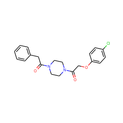 O=C(COc1ccc(Cl)cc1)N1CCN(C(=O)Cc2ccccc2)CC1 ZINC000000779562