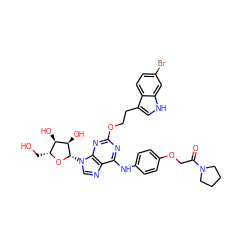 O=C(COc1ccc(Nc2nc(OCCc3c[nH]c4cc(Br)ccc34)nc3c2ncn3[C@@H]2O[C@H](CO)[C@@H](O)[C@H]2O)cc1)N1CCCC1 ZINC000029050752