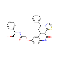 O=C(COc1ccc2[nH]c(=O)c(-c3nccs3)c(CCc3ccccc3)c2c1)N[C@@H](CO)c1ccccc1 ZINC000064573266