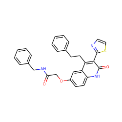 O=C(COc1ccc2[nH]c(=O)c(-c3nccs3)c(CCc3ccccc3)c2c1)NCc1ccccc1 ZINC000064549640