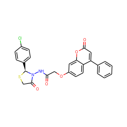 O=C(COc1ccc2c(-c3ccccc3)cc(=O)oc2c1)NN1C(=O)CS[C@H]1c1ccc(Cl)cc1 ZINC000146034572