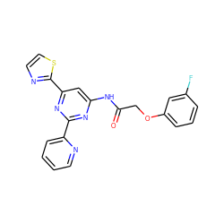 O=C(COc1cccc(F)c1)Nc1cc(-c2nccs2)nc(-c2ccccn2)n1 ZINC000029041650