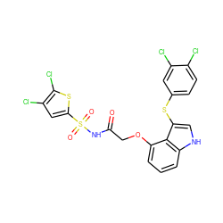 O=C(COc1cccc2[nH]cc(Sc3ccc(Cl)c(Cl)c3)c12)NS(=O)(=O)c1cc(Cl)c(Cl)s1 ZINC000042878337