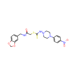 O=C(CSC(=S)NN1CCN(c2ccc([N+](=O)[O-])cc2)CC1)NCc1ccc2c(c1)OCO2 ZINC001772632280