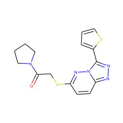 O=C(CSc1ccc2nnc(-c3cccs3)n2n1)N1CCCC1 ZINC000004326551