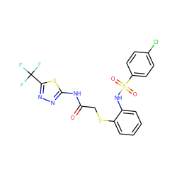 O=C(CSc1ccccc1NS(=O)(=O)c1ccc(Cl)cc1)Nc1nnc(C(F)(F)F)s1 ZINC000008667138