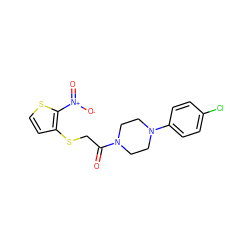 O=C(CSc1ccsc1[N+](=O)[O-])N1CCN(c2ccc(Cl)cc2)CC1 ZINC000004909200