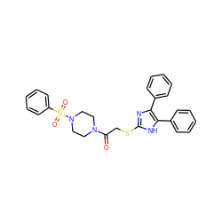 O=C(CSc1nc(-c2ccccc2)c(-c2ccccc2)[nH]1)N1CCN(S(=O)(=O)c2ccccc2)CC1 ZINC000008670779