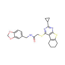 O=C(CSc1nc(C2CC2)nc2sc3c(c12)CCCC3)NCc1ccc2c(c1)OCO2 ZINC000001332781