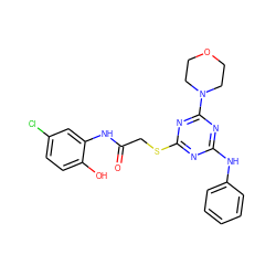 O=C(CSc1nc(Nc2ccccc2)nc(N2CCOCC2)n1)Nc1cc(Cl)ccc1O ZINC000009235892