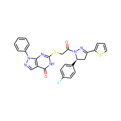 O=C(CSc1nc2c(cnn2-c2ccccc2)c(=O)[nH]1)N1N=C(c2cccs2)C[C@H]1c1ccc(F)cc1 ZINC000008683780