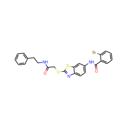 O=C(CSc1nc2ccc(NC(=O)c3ccccc3Br)cc2s1)NCCc1ccccc1 ZINC000000714413