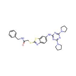 O=C(CSc1nc2ccc(Nc3nc(N4CCCC4)nc(N4CCCC4)n3)cc2s1)NCc1ccccc1 ZINC000064503663