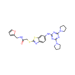 O=C(CSc1nc2ccc(Nc3nc(N4CCCC4)nc(N4CCCC4)n3)cc2s1)NCc1ccco1 ZINC000008706731