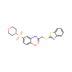 O=C(CSc1nc2ccccc2s1)Nc1cc(S(=O)(=O)N2CCOCC2)ccc1O ZINC000008684381