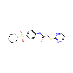 O=C(CSc1ncccn1)Nc1ccc(S(=O)(=O)N2CCCCC2)cc1 ZINC000003474854