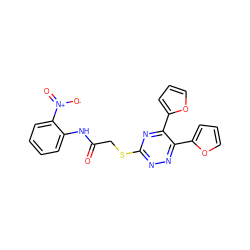 O=C(CSc1nnc(-c2ccco2)c(-c2ccco2)n1)Nc1ccccc1[N+](=O)[O-] ZINC000004110598