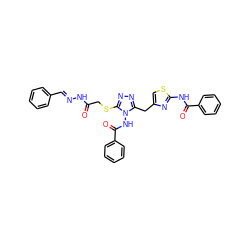 O=C(CSc1nnc(Cc2csc(NC(=O)c3ccccc3)n2)n1NC(=O)c1ccccc1)N/N=C/c1ccccc1 ZINC000028712165