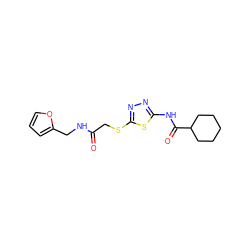 O=C(CSc1nnc(NC(=O)C2CCCCC2)s1)NCc1ccco1 ZINC000004328202