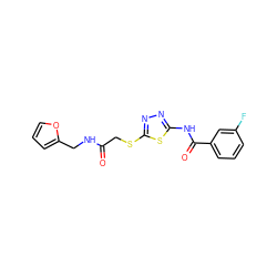 O=C(CSc1nnc(NC(=O)c2cccc(F)c2)s1)NCc1ccco1 ZINC000007387120