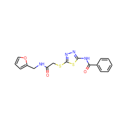 O=C(CSc1nnc(NC(=O)c2ccccc2)s1)NCc1ccco1 ZINC000004328691